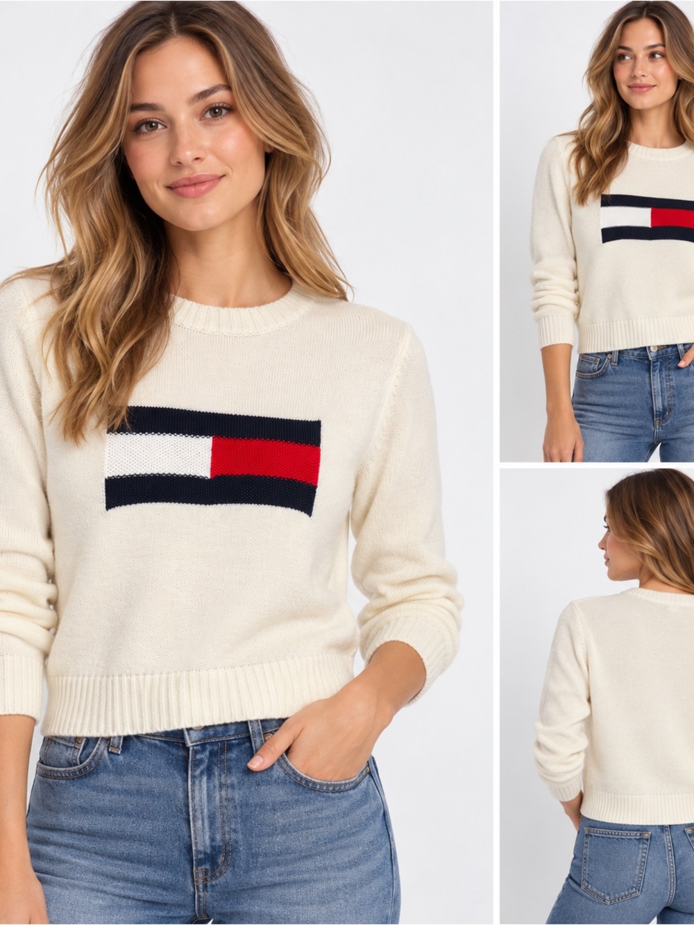 Tommy Jeans M Cream Flag Logo 100% Cotton Sweater